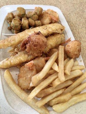 2 Fish, 6 Shrimp, Fries, Okra, and Hush Puppies - all fresh and crispy