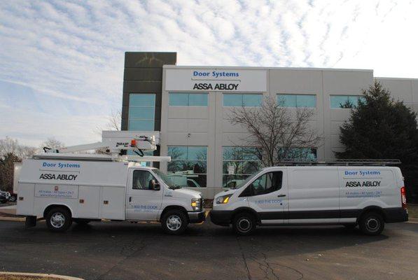 Door Systems Service Trucks In Front Of Our Main Office In Naperville.