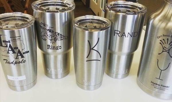 Stainless steel mugs, such as Yeti, can easily be engraved with bold, black permanent markings.