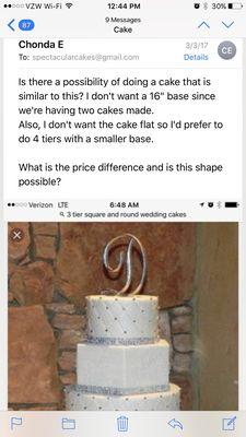 My initial email to have the cake shape changed....