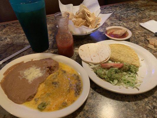 Special Lunch #1 but for dinner!! Chile Relleno, beef taco, guacamole salad and refried beans