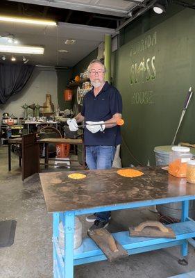 Getting ready to load some glass pellet color onto clear molten glass blob : )