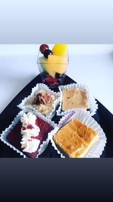 Dessert Variety: Red Velvet Cake Square, German Chocolate Cake Square, Fresh Fruit Cup, Praline Brownie Bar, Blondie Bar