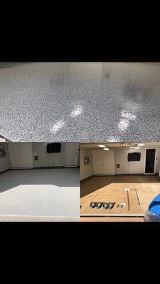 Before and after pictures of garage epoxy flake system