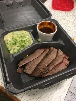 Not a lot of flavor overall (expect for the BBQ sauce). The cheddar/broccoli/rice was okay and the brisket was dry.