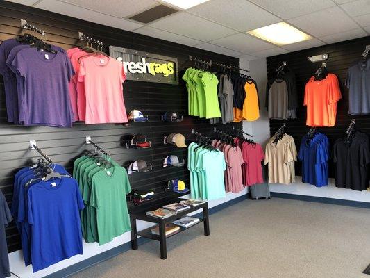 Our small showroom showcases some of our top selling apparel.