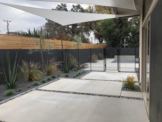 Contemporary planting, patio, pool deck, black rock, wood fence