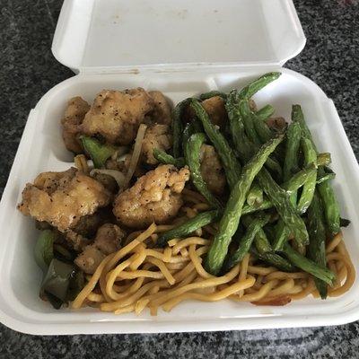 Black pepper chicken, string beans, and lo mein