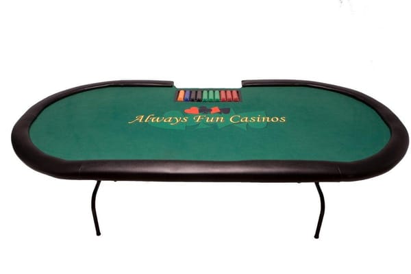 Always Fun Casinos offers regulation size  (8' x 4' oval shaped) poker tables with room for 10 players and 1 dealer.