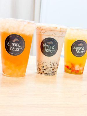 Peach Lychee Tea, Almond Milk Tea w/ Grass Jelly, Jasmine Fruit Tea