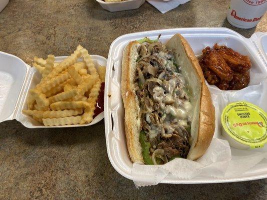 Beef philly, wings, fries