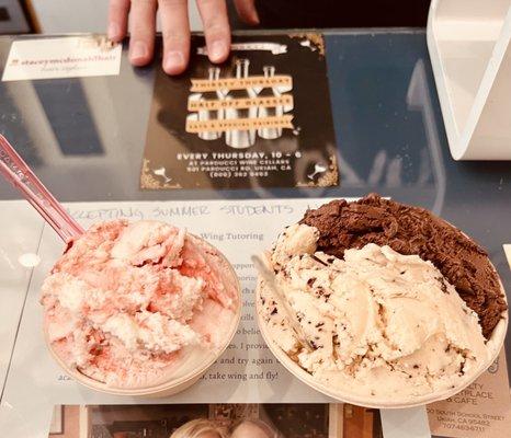 Strawberry Cheesecake Gelato and Half Peanut Butter Chocolate Chip Half Dark Chocolate Gelato