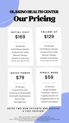 Pricing for Acupuncture Services at Olakino Health Center in SF, by Katherine Chen, L.Ac.