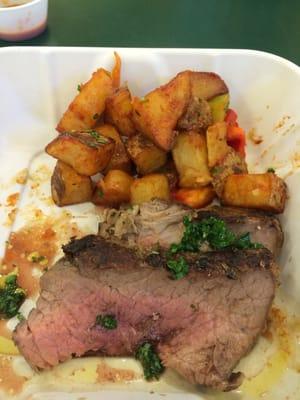 Perfectly cooked trip tip with chimichurri and patatats bravas!