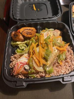 Large Steam Snapper Fish and Rice and Peas Fried Plantain Steamed Vegetable