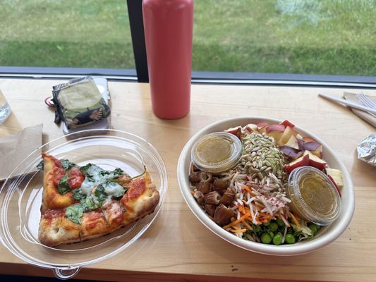 Margherita pizza and sweet greens salad