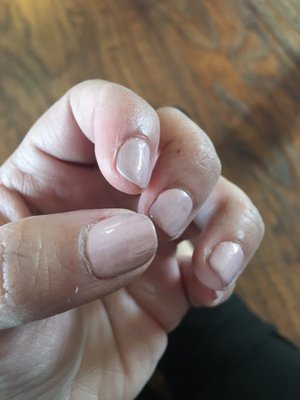 Horrible manicure job. Cuticles not properly cleaned and polish is uneven. This is less than 24 hours old!