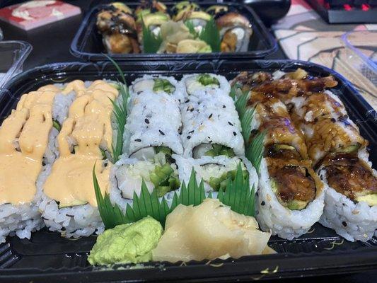 left to right: spicy salmon avocado maki, white tuna jalapeño maki, shrimp tempura maki