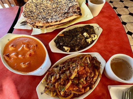 Prawn masala, spinach paneer, sada bhindi, sesame and garlic naan.