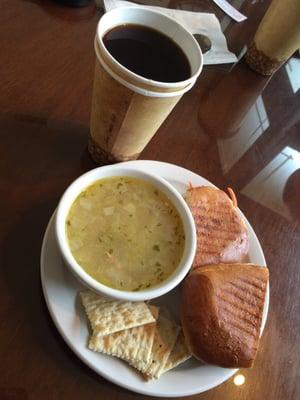 Chicken and Rice soup. Vegetable panini.