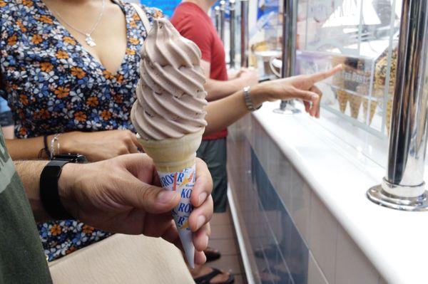 Chocolate frozen custard on a plain cone. My brother enjoyed this a bit, but the taste vs ice cream was distinguishable. (8/1/2019)