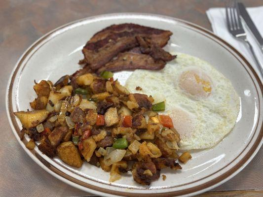 2 egg platter with beef  home fries