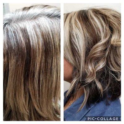 Before and after dimentional highlights, lowlights blending natural gray hair.