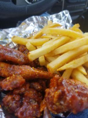 Lemon pepper BBq wings and fries