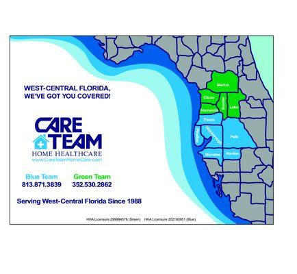 Care Team is a State licensed Home Health Agency covering 11 West-central Florida counties.