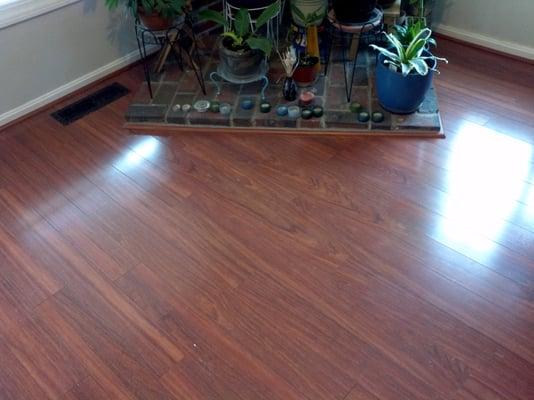 Laminate floating floor with brick platform for plants.