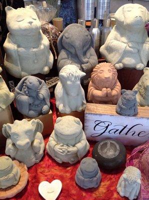 Buddha critter statues, printed rock and hand made silk scarfs.