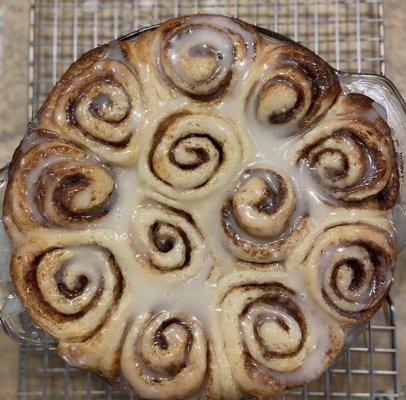 Cinnamon rolls. Lucious filling of brown sugar& cinnamon and if. Purse, butter!  Topped with cream cheese icing.