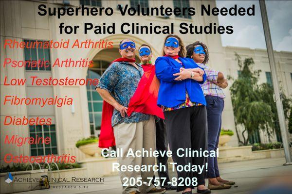 Superhero Volunteers Needed for Paid Clinical Trials. Call 205-757-8208