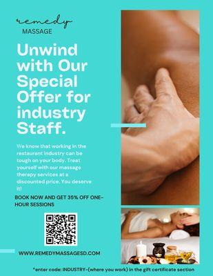 We offer a 35% discount on one-hour massage sessions for all San Diego service industry workers! Feel free to message me with any questions!