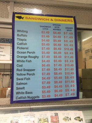 Sandwich and dinner menu