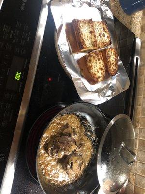 Cheese toast, steak Diane