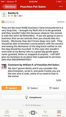 Example of the owners unprofessional response back to a concerned customer...