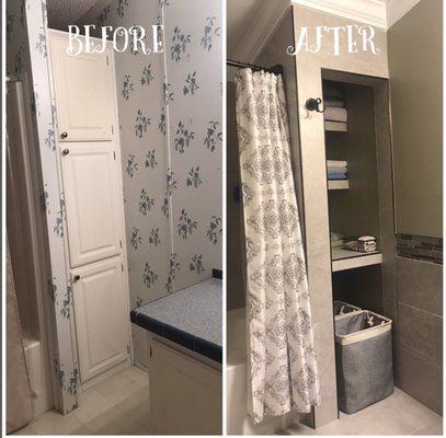 Updated The cabinet with tile shelves and a storage area. Perfect place for the laundry hampers.