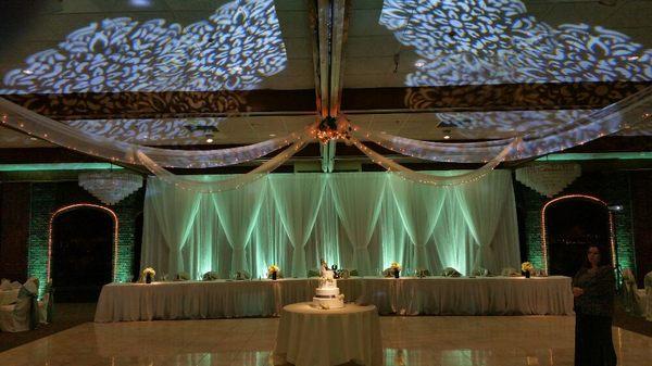 Drapery, uplighting, ceiling lighting, cake pinspot.