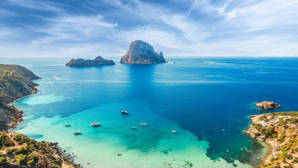 Aerial view of Cala Hort, Ibiza islands, Spain