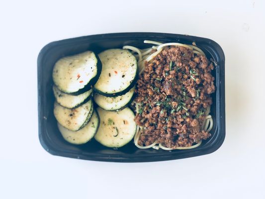 Vegan pasta with zucchini and meatless crumbles