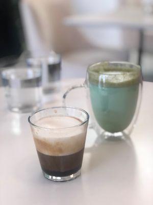 Matcha drink and cortado