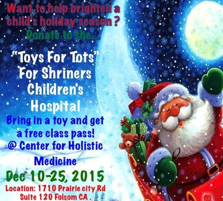 Donate to the " Toys for Tots" for Shriner  Childrens Hospital . Bring in a toy under $20 and receive a unlimited free class pass !