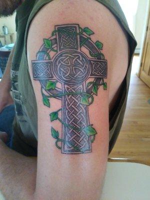 My son's awesome celtic cross tattoo by Bill Sunderland