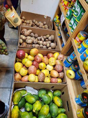 Mini green papaya, passion fruit, and sapota (aka zapodilla)