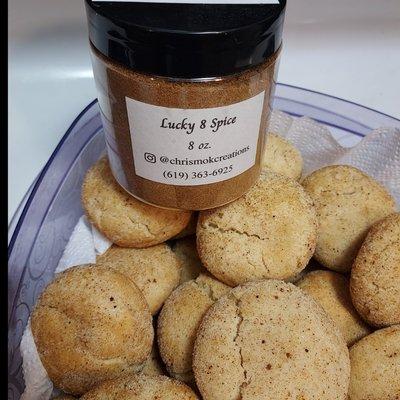 Lucky 8 Spice is Asian Five Spice + Pumpkin Spice. With 8 ingredients, you can use it for savory and sweet dishes. Snickerdoodles w/Lucky 8.