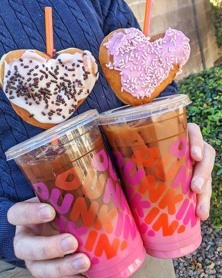 Pink velvet and mocha  macchiato, heart shaped donuts