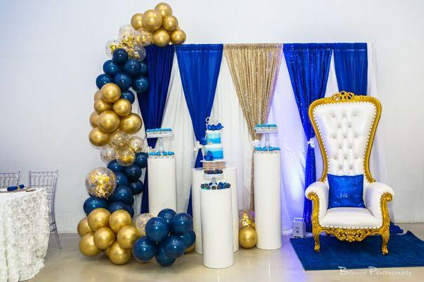 Backdrop Draping with Balloon Garland, 4pc Pedestal Set and Our Gold and White Throne Chair at 90th Birthday Celebration 
November 16ty 2019