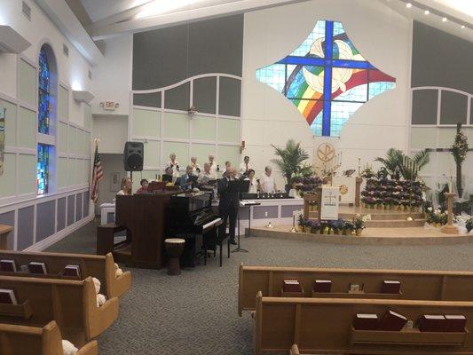 Choir, bells, organ, trumpet for Easter.