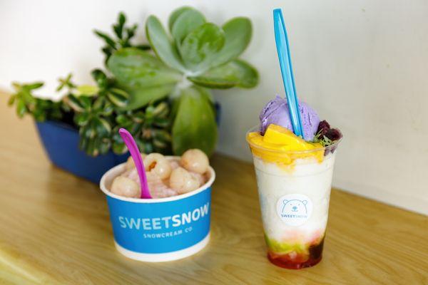 Strawberry shaved snow topped with strawberry drizzle and lychee, and halo halo